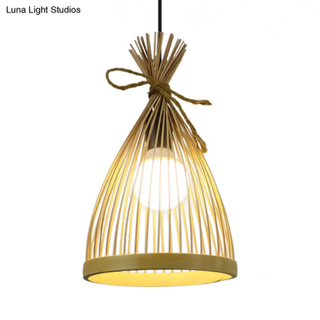 Modern Restaurant Pendant Lamp: Conical Bamboo Shade Black/Beige Hanging Ceiling Light (8/10 W)