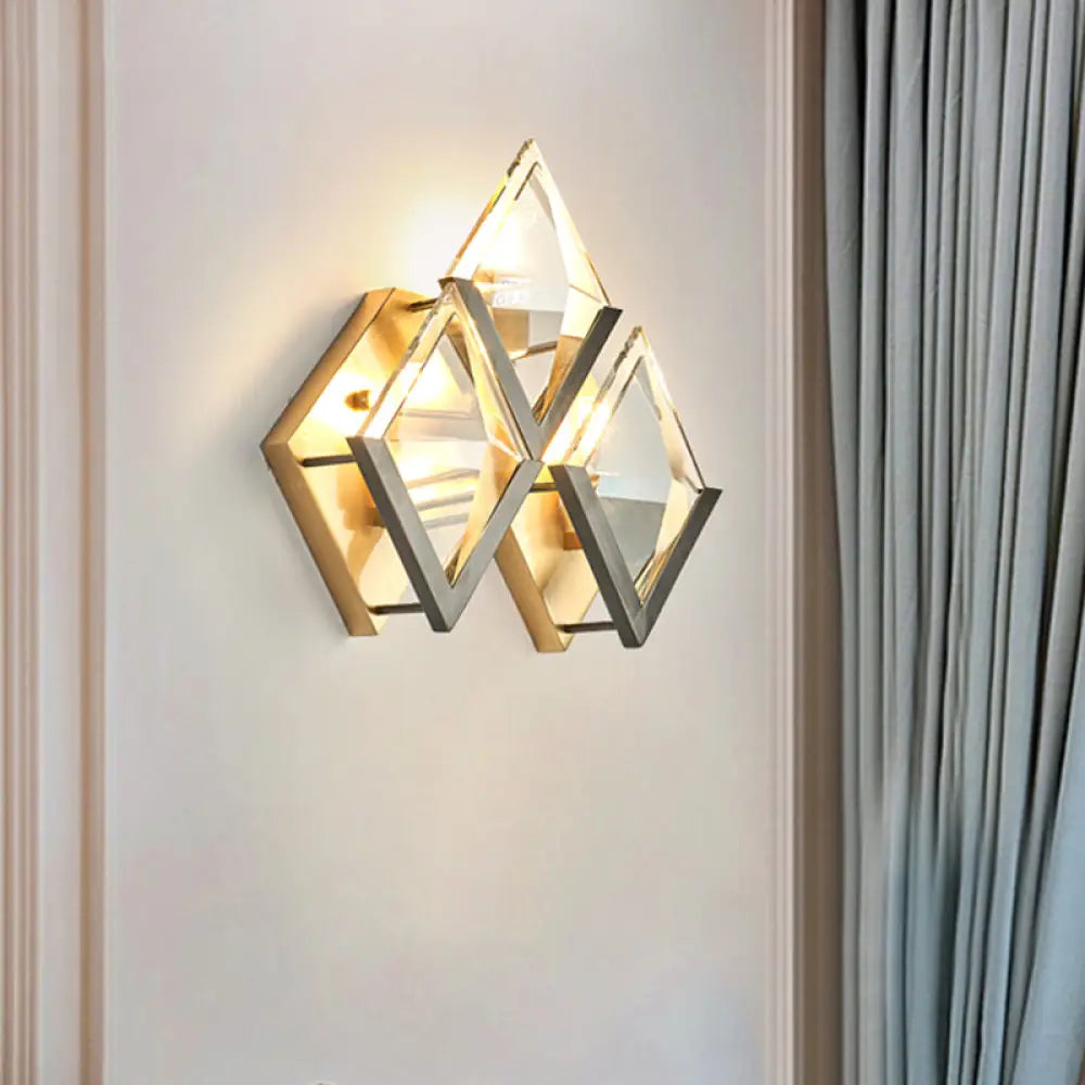 Modern Rhombus Wall Sconce Light With Clear Crystal And Metal Accents - 3 Lights Golden Finish Gold