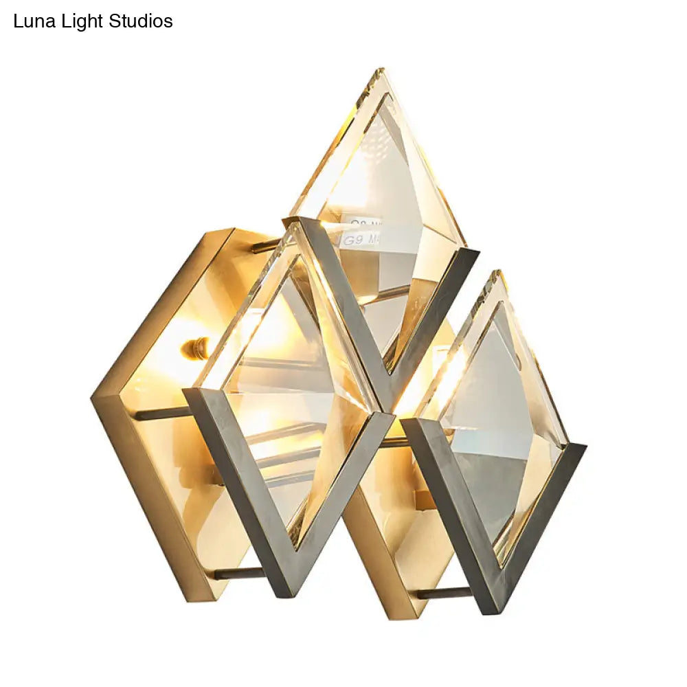 Modern Rhombus Wall Sconce Light With Clear Crystal And Metal Accents - 3 Lights Golden Finish