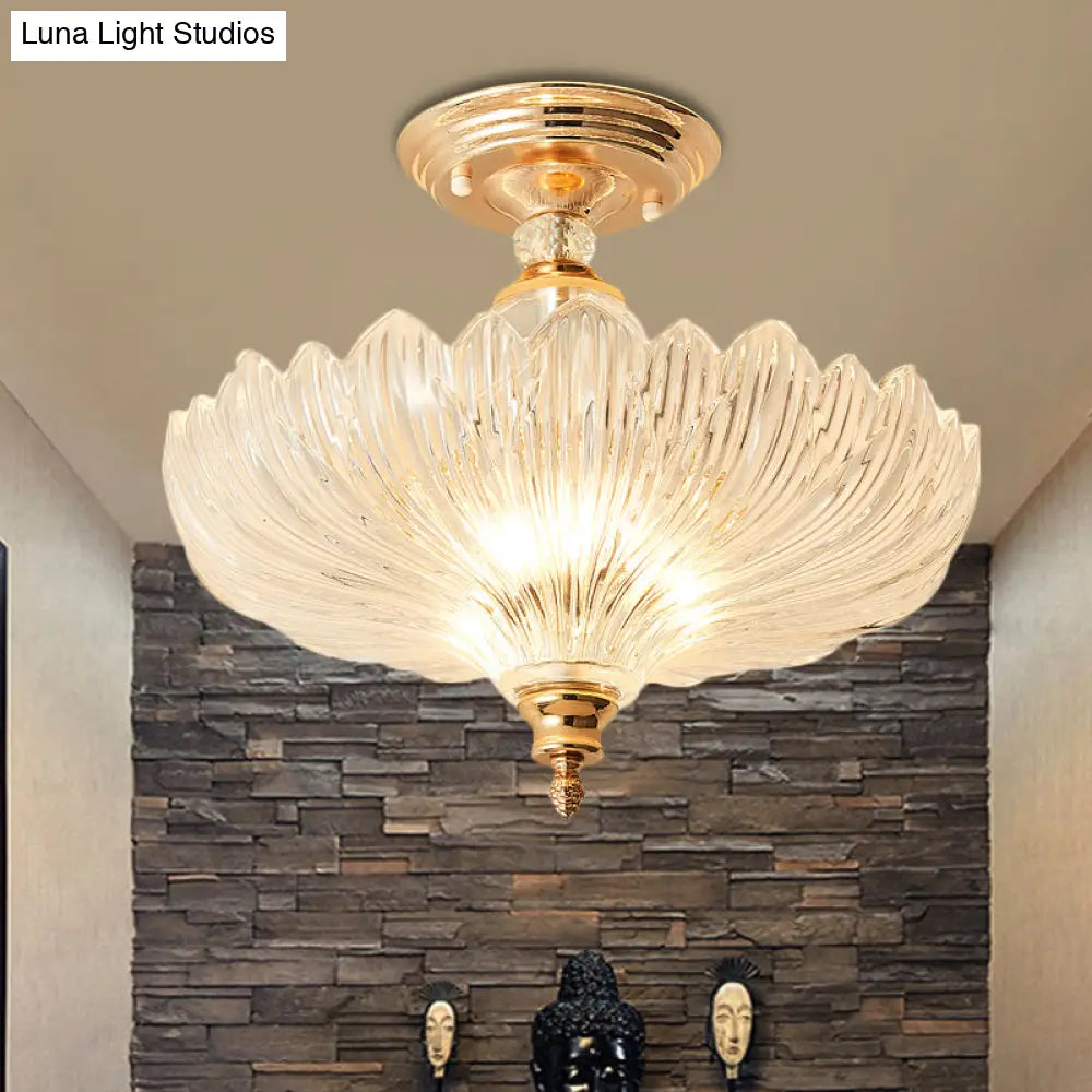 Modern Ribbed Glass Semi Flush Mount Light In Black/Gold - 12’/16’ Diameter 1 Crystal Ceiling