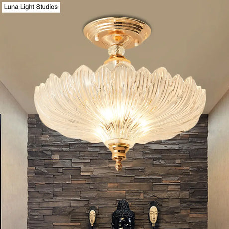 Modern Ribbed Glass Semi Flush Mount Light In Black/Gold - 12’/16’ Diameter 1 Crystal Ceiling