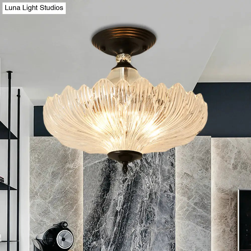 Modern Ribbed Glass Semi Flush Mount Light In Black/Gold - 12’/16’ Diameter 1 Crystal Ceiling Lamp