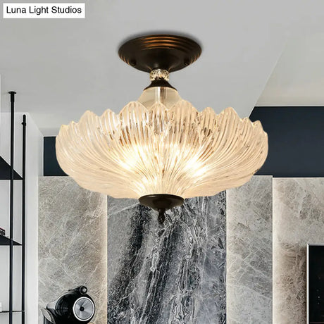 Modern Ribbed Glass Semi Flush Mount Light In Black/Gold - 12’/16’ Diameter 1 Crystal Ceiling Lamp