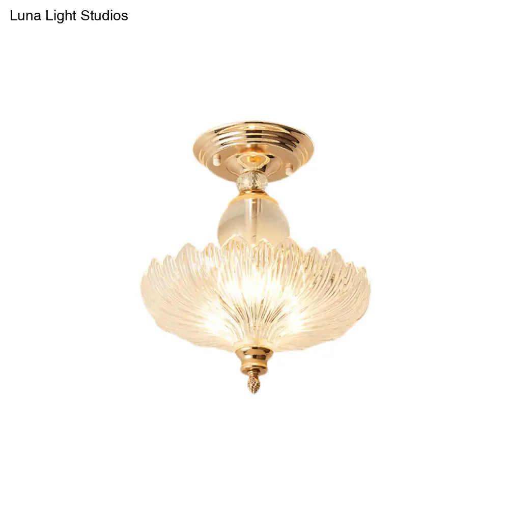 Modern Ribbed Glass Semi Flush Mount Light In Black/Gold - 12’/16’ Diameter 1 Crystal Ceiling Lamp