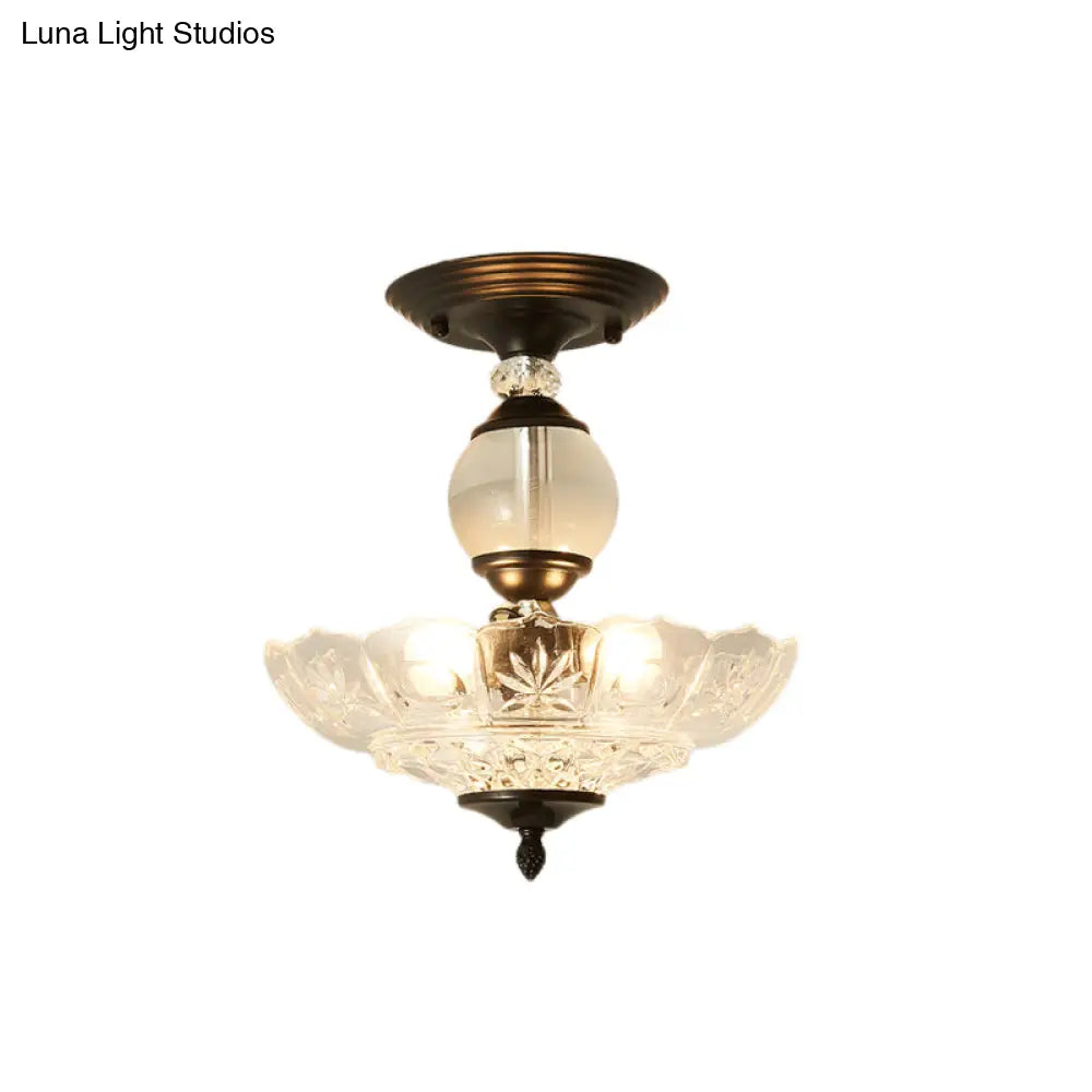 Modern Ribbed Glass Semi Flush Mount Light In Black/Gold - 12’/16’ Diameter 1 Crystal Ceiling Lamp