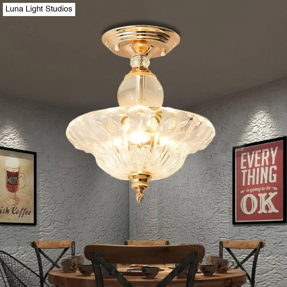 Modern Ribbed Glass Semi Flush Mount Light In Black/Gold - 12’/16’ Diameter 1 Crystal Ceiling