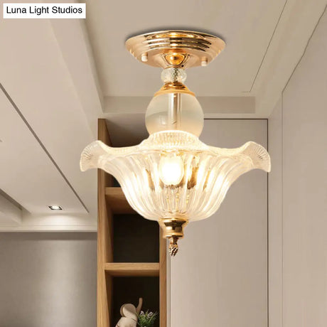 Modern Ribbed Glass Semi Flush Mount Light In Black/Gold - 12’/16’ Diameter 1 Crystal Ceiling Lamp