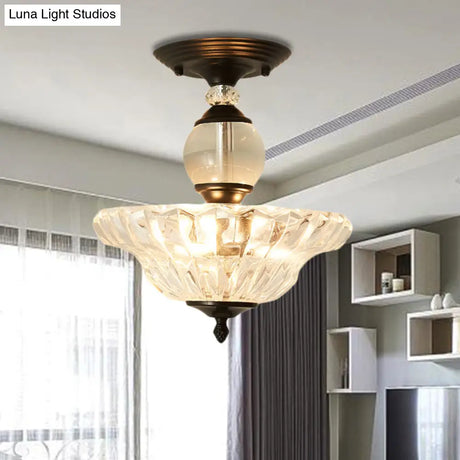 Modern Ribbed Glass Semi Flush Mount Light In Black/Gold - 12’/16’ Diameter 1 Crystal Ceiling
