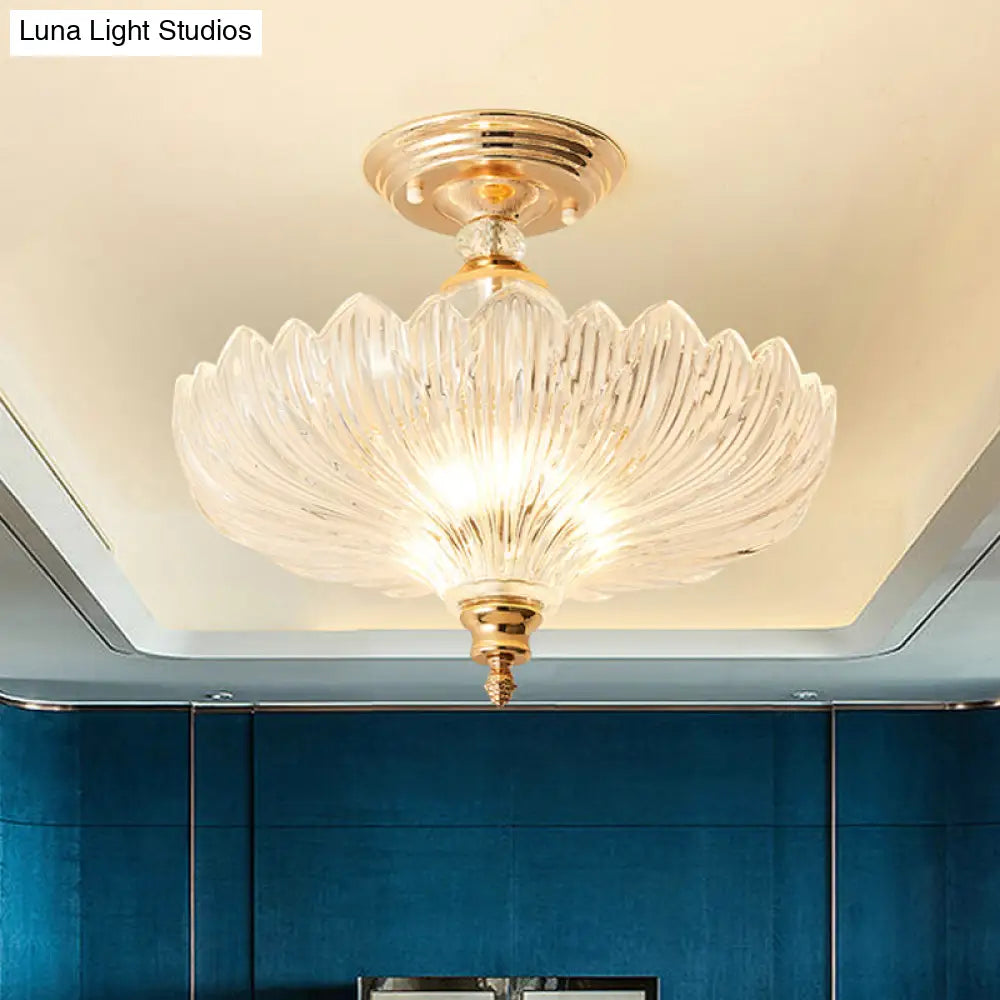 Modern Ribbed Glass Semi Flush Mount Light In Black/Gold - 12’/16’ Diameter 1 Crystal Ceiling Lamp