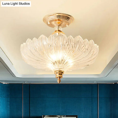 Modern Ribbed Glass Semi Flush Mount Light In Black/Gold - 12’/16’ Diameter 1 Crystal Ceiling Lamp