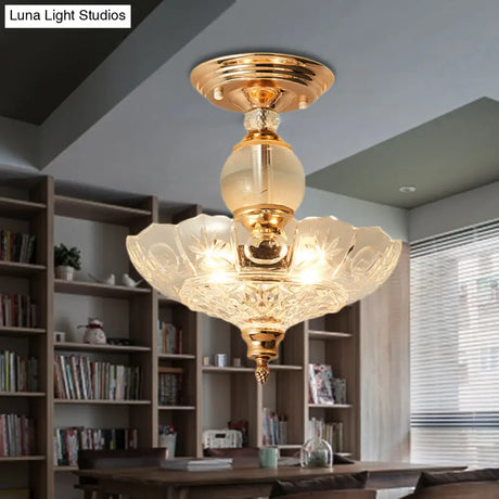 Modern Ribbed Glass Semi Flush Mount Light In Black/Gold - 12’/16’ Diameter 1 Crystal Ceiling Lamp
