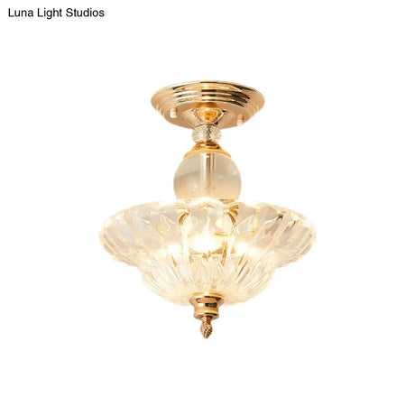Modern Ribbed Glass Semi Flush Mount Light In Black/Gold - 12’/16’ Diameter 1 Crystal Ceiling Lamp