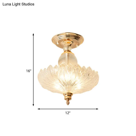 Modern Ribbed Glass Semi Flush Mount Light In Black/Gold - 12’/16’ Diameter 1 Crystal Ceiling Lamp