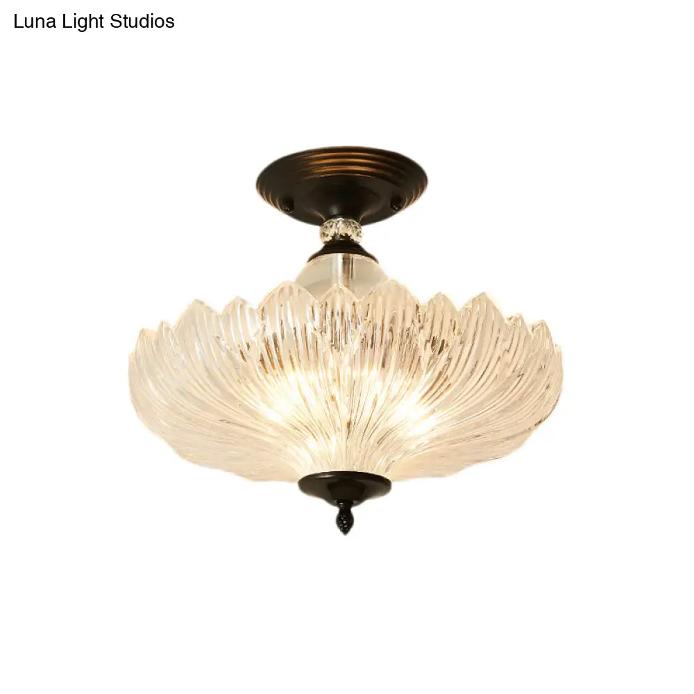 Modern Ribbed Glass Semi Flush Mount Light In Black/Gold - 12’/16’ Diameter 1 Crystal Ceiling Lamp