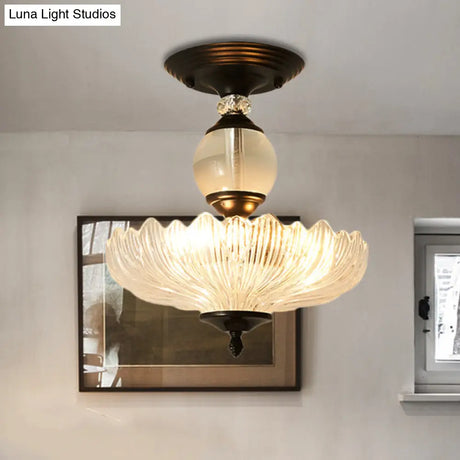 Modern Ribbed Glass Semi Flush Mount Light In Black/Gold - 12’/16’ Diameter 1 Crystal Ceiling