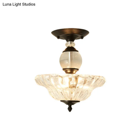 Modern Ribbed Glass Semi Flush Mount Light In Black/Gold - 12’/16’ Diameter 1 Crystal Ceiling Lamp