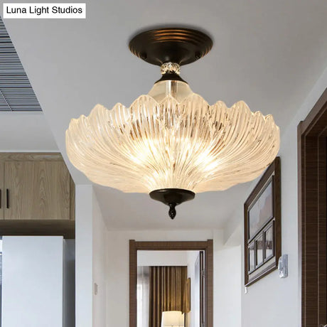 Modern Ribbed Glass Semi Flush Mount Light In Black/Gold - 12’/16’ Diameter 1 Crystal Ceiling Lamp