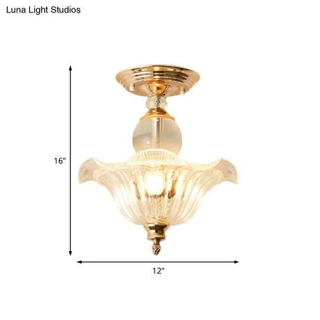 Modern Ribbed Glass Semi Flush Mount Light In Black/Gold - 12’/16’ Diameter 1 Crystal Ceiling Lamp