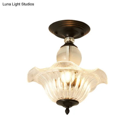 Modern Ribbed Glass Semi Flush Mount Light In Black/Gold - 12’/16’ Diameter 1 Crystal Ceiling Lamp