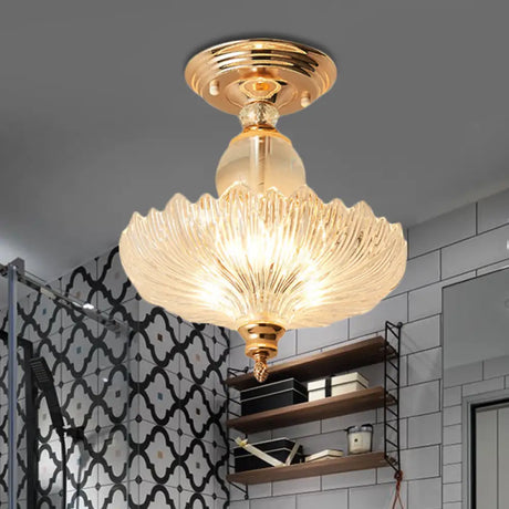 Modern Ribbed Glass Semi Flush Mount Light In Black/Gold - 12’/16’ Diameter 1 Crystal Ceiling