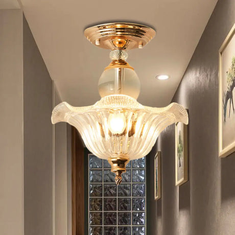 Modern Ribbed Glass Semi Flush Mount Light In Black/Gold - 12’/16’ Diameter 1 Crystal Ceiling