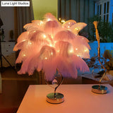 Modern Romantic Pink/White Led Nightstand Lamp With K9 Crystal Drop - Palm Tree Feather Table