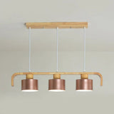 Modern Rose Gold Drum Island Chandelier With Multicolored Wood Accent - 3/4 Head Hanging Light For