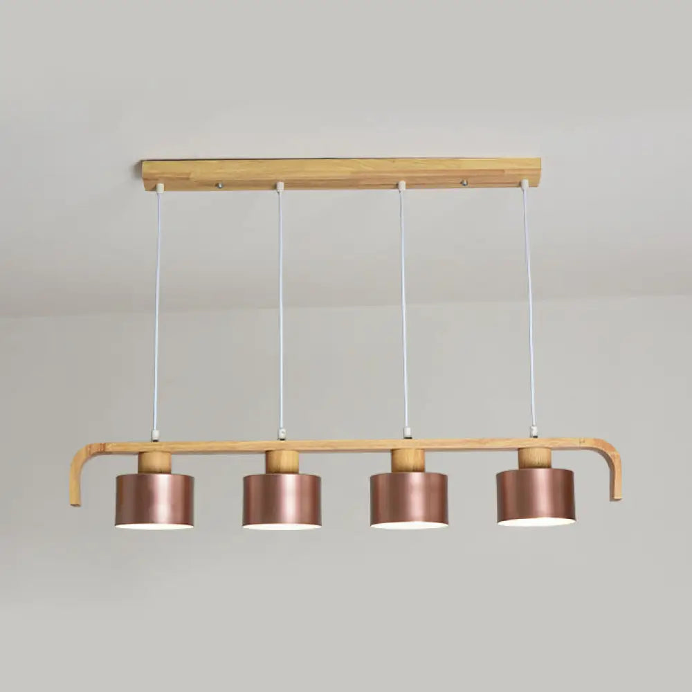 Modern Rose Gold Drum Island Chandelier With Multicolored Wood Accent - 3/4 Head Hanging Light For