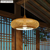 Modern Round Bamboo Pendant Lamp - Beige 1 Head Ceiling Light For Tea Room