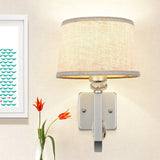 Modern Round Flaxen Sconce Lamp With Crystal Accent & Nickle Swoop Arm - Wall Mount Lighting