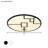 Modern Round Led Ceiling Light In Black/White With Geometric Pattern - Flush Mount Fixture For