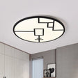 Modern Round Led Ceiling Light In Black/White With Geometric Pattern - Flush Mount Fixture For