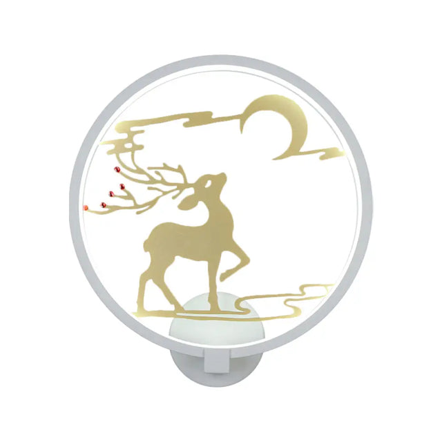 Modern Round Metal Led Wall Light With Elk Deer Pattern - Black/White Warm/White