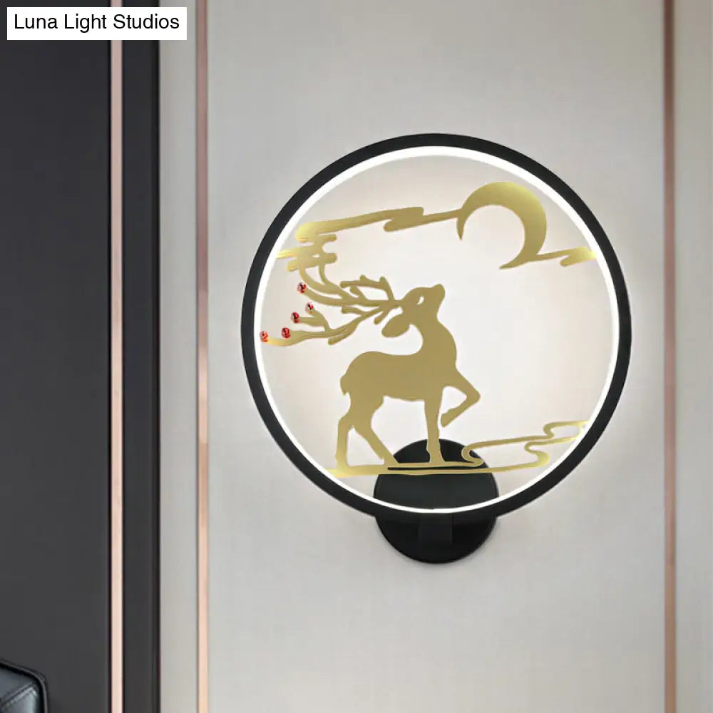 Modern Round Metal Led Wall Light With Elk Deer Pattern - Black/White Warm/White
