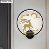 Modern Round Metal Led Wall Light With Elk Deer Pattern - Black/White Warm/White