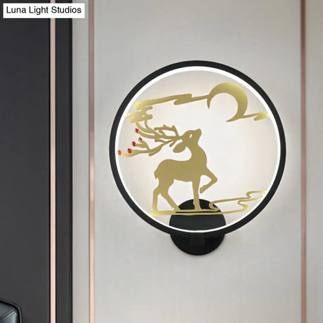 Modern Round Metal Led Wall Light With Elk Deer Pattern - Black/White Warm/White