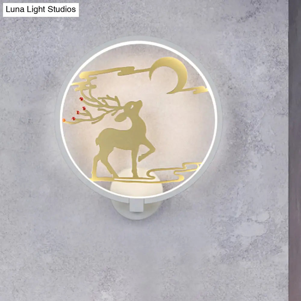 Modern Round Metal Led Wall Light With Elk Deer Pattern - Black/White Warm/White