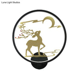 Modern Round Metal Led Wall Light With Elk Deer Pattern - Black/White Warm/White