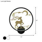 Modern Round Metal Led Wall Light With Elk Deer Pattern - Black/White Warm/White
