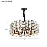 Modern Round Pendant Lighting - 8-Light Crystal Block Chandelier Lamp In Black
