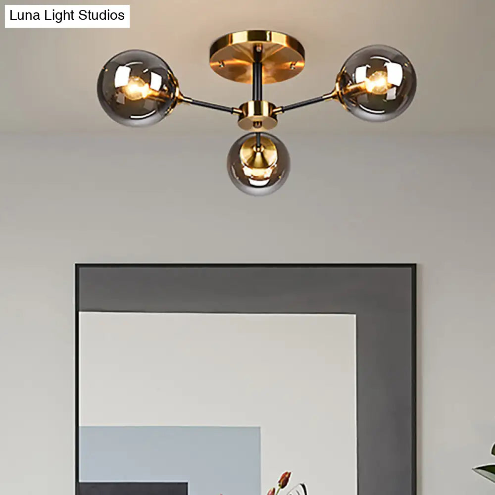Modern Round Semi Flush Mount Lighting In White/Orange With Smoke Glass - 3/6/8 Light Gold Led