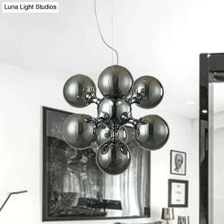 Modern Round Shade Chandelier With Amber/Smoke/White Glass - 9-Light Pendant Lighting For Hotel