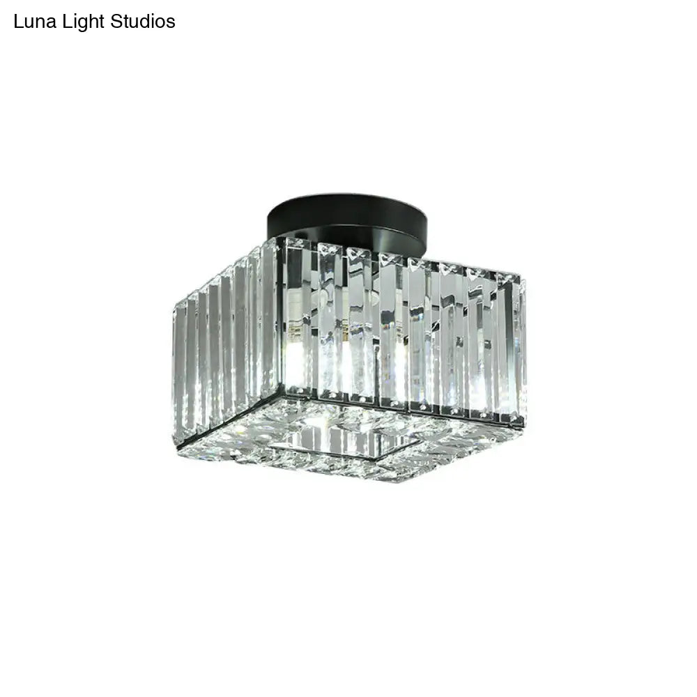 Modern Round/Square Shade Porch Flush Light Fixture With Clear Faceted Crystals - Black Canopy