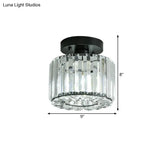 Modern Round/Square Shade Porch Flush Light Fixture With Clear Faceted Crystals - Black Canopy