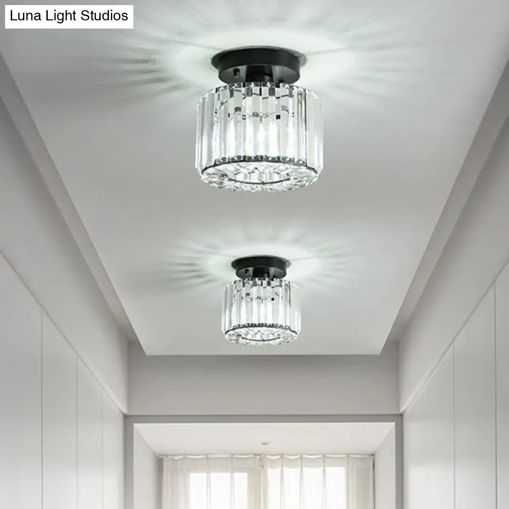 Modern Round/Square Shade Porch Flush Light Fixture With Clear Faceted Crystals - Black Canopy