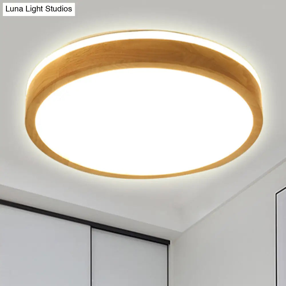 Modern Round Wooden 1-Light Led Flush Mount Ceiling Fixture With Frosted Diffuser - 3 Sizes