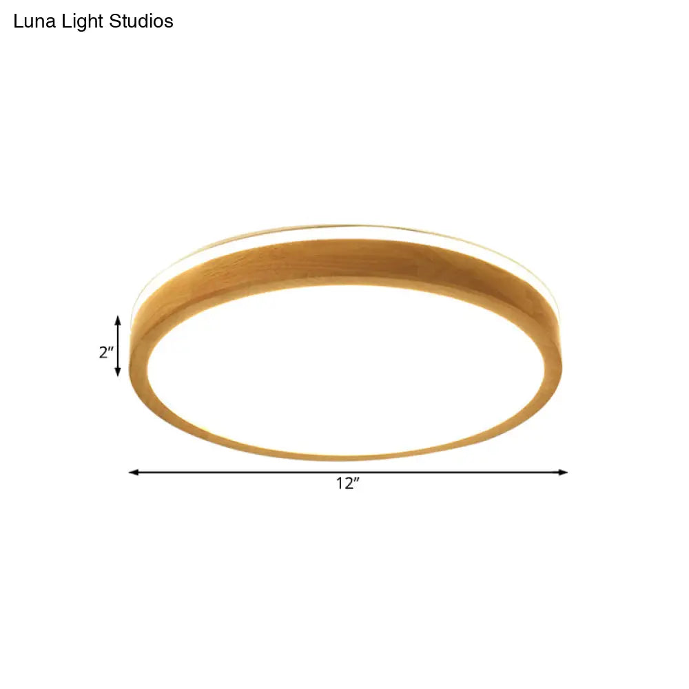 Modern Round Wooden 1-Light Led Flush Mount Ceiling Fixture With Frosted Diffuser - 3 Sizes
