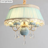 Modern Scalloped Chandelier: 5 Heads Pink/Blue/Purple Fabric Hanging Ceiling Light With Crystal