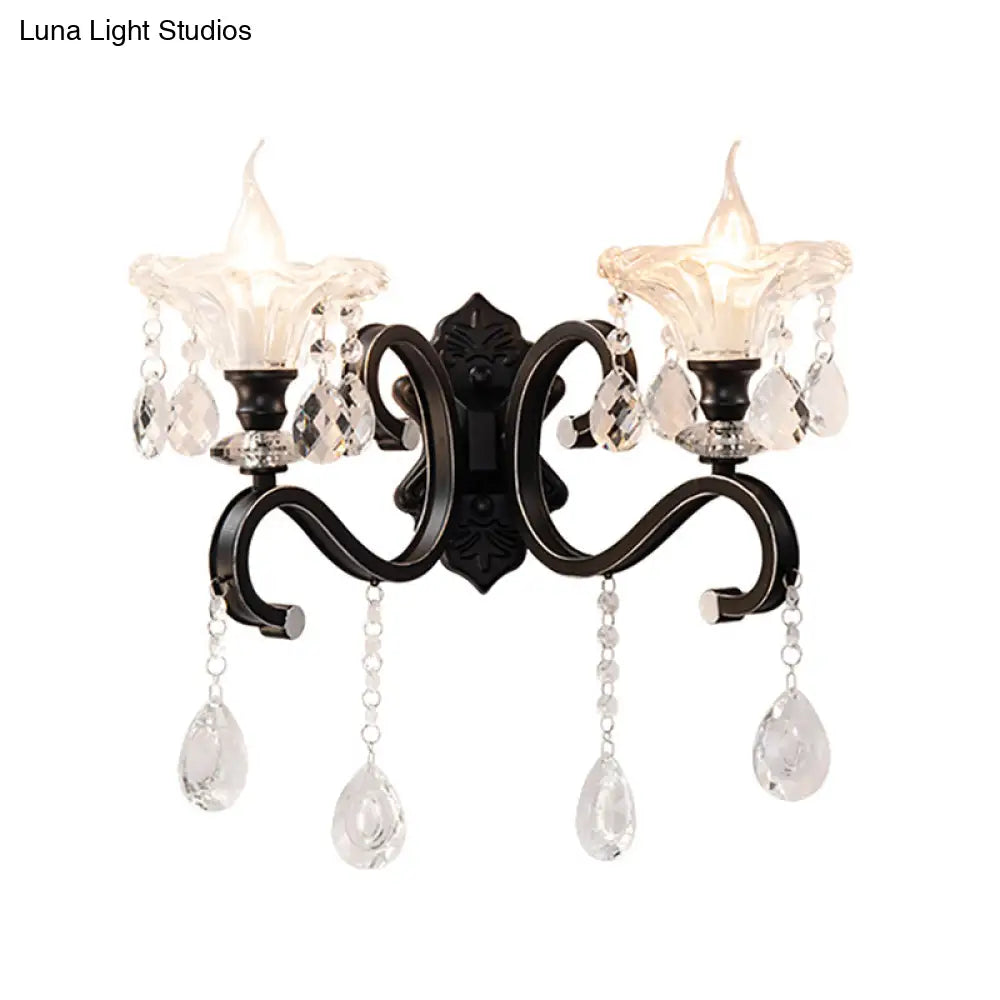 Modern Scalloped Crystal Wall Lamp With Curved Arm In Black