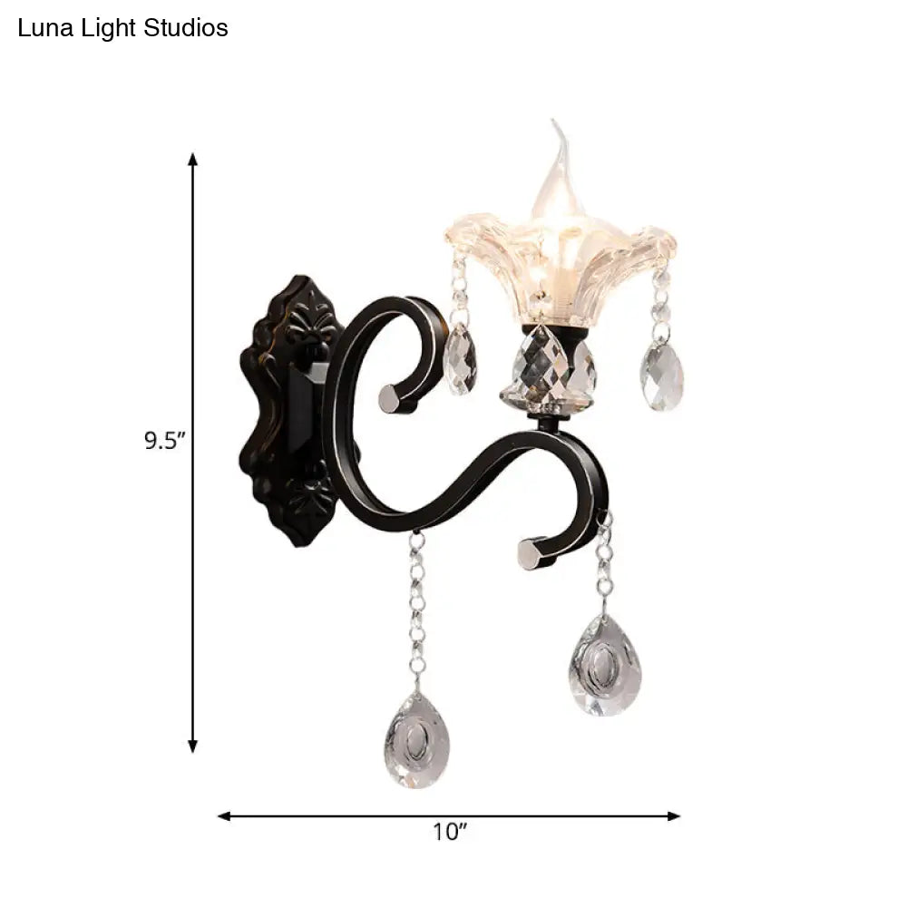 Modern Scalloped Crystal Wall Lamp With Curved Arm In Black